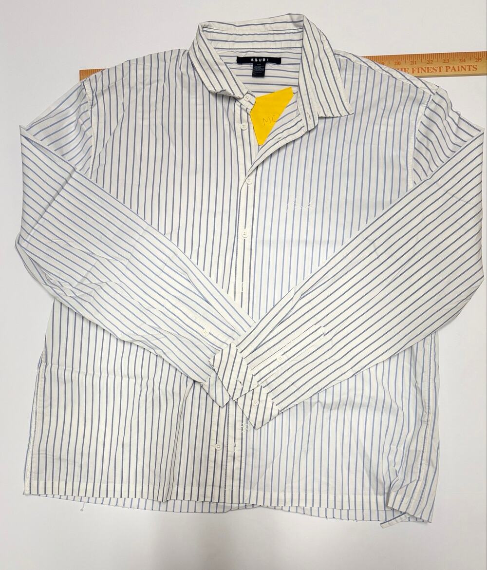 Ksubi Designer Mens Shirt Size XXL Blue White Stripe Long Sleeve Stretch Button